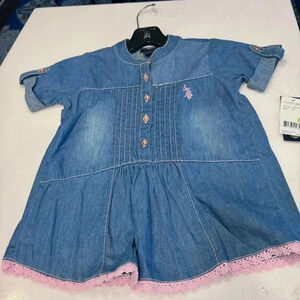 NWT U.S. Polo Assn Girl's Size 4  Demin Dress Pink Logo & Trim, Rolled Sleeves